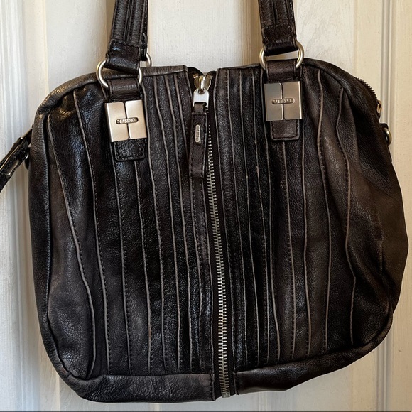 Tulah Ray Gray Distressed Leather Split Zip Satchel GUC - Picture 4 of 13